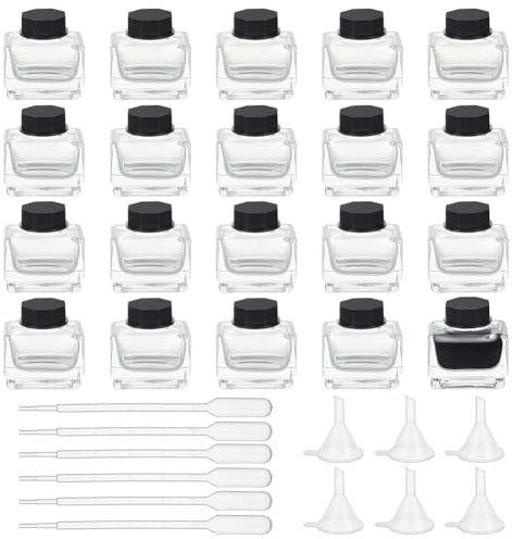 OLYCRAFT - Lote de 20 tarros de tinta de cristal resistente de 15 ml, botellas de tinta vacías con tapones de plástico negros, 6 cuentagotas de plástico, 6 embudos para caligrafía proyectos casa