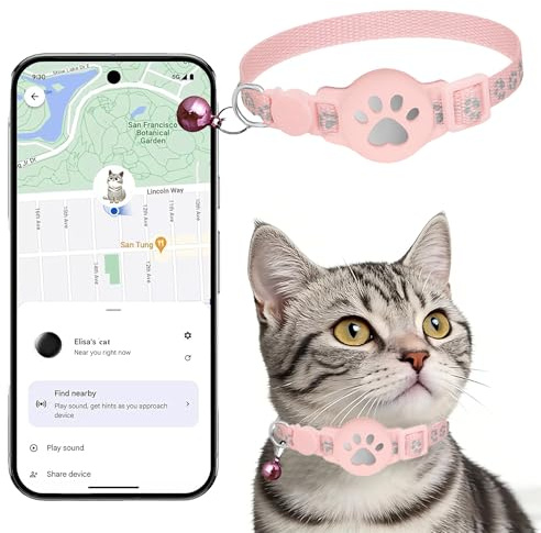 Collare Gps gatto (solo Android), Gps per Gatti Senza SIM Senza Abbonamento, Localizzatore GPS per Gatto Funziona con goo- gle Find My (Collare + localizzatore rosa)