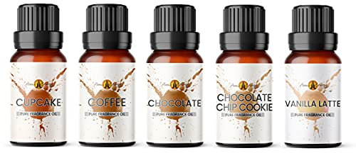 Fragrance Oil for Diffuser Set 5 x 10ml | for Candle Making, Wax Melts, Soaps, Burners, Car Diffuser Refill | Coffee Shop Scents | Chocolate, Coffee, Vanilla Latte, Cherry Bakewell, Christmas Cookie