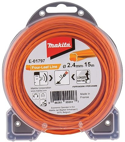 Makita E-01797 Mähfaden Four-Leaf 2,4 mm x 15 m, Trimmerfaden, Nylon, orange, geräuschreduziert, erhöhte Laufzeit, speziell für Akku-Rasentrimmer und Akku-Freischneider