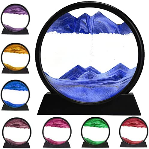 Cadre de sable 3D dynamique avec mouvement liquide, image d'art de sable en mouvement rond en verre 3D paysage de mer profonde, cadre de sable relaxant pour bureau, maison, travail (bleu, 30,5 cm)