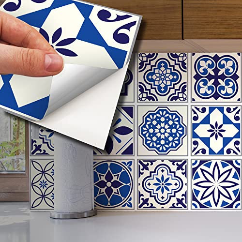 WALPLUS 15cm(6) 24 pcs Spanish & Moroccan Blue Wall Tile Stickers Peel and Stick Backsplash Self-Adhesive Vinyl Home Decoration DIY Living Bedroom Splashbacks for Kitchen Tile Paint Stick on Tiles