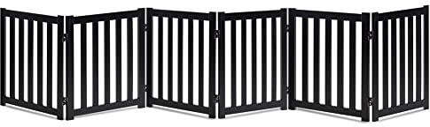 LZRS 6-Panel Extra-Wide Freestanding Wooden Dog Gate Indoor – 24”High Foldable Safety Pet Barrier for Doorways, Hallways, Kitchens, and Long Staircases, Durable Design fit Small to Medium Dogs, Black
