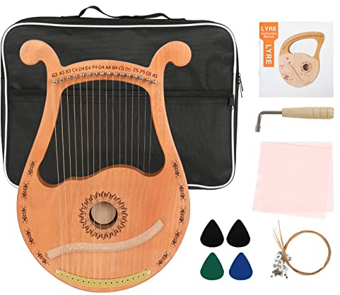 HOMIER Lyre Harp 16 Strings Mahogany Wood Lyre Harp with Tuning Wrench, Pick, 16 Spare String Set, Black Gig Bag and Instruction Manual for Beginners Instruments Lovers