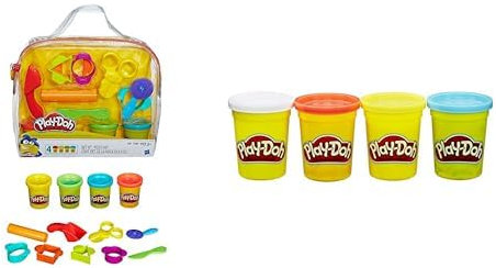 Play-Doh Starter Set mit 9 Werkzeugen und 4 Dosen Knete, für unterwegs & B6508ES0 Hasbro B6508EL2-4er Pack Grundfarben Knete, für fantasievolles und kreatives Spielen, blau, gelb, rot, weiß