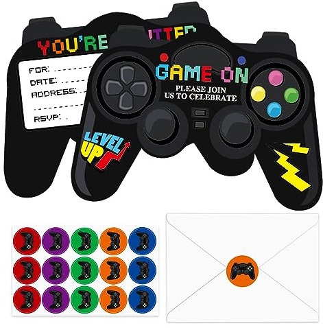Tevxj 90 Pcs Video Game Birthday Party Invitations Cards with Envelopes Video Game Party Supplies Fill In Birthday Invite Cards Stickers for Kids Boys Girls Lovers Decorations Favor