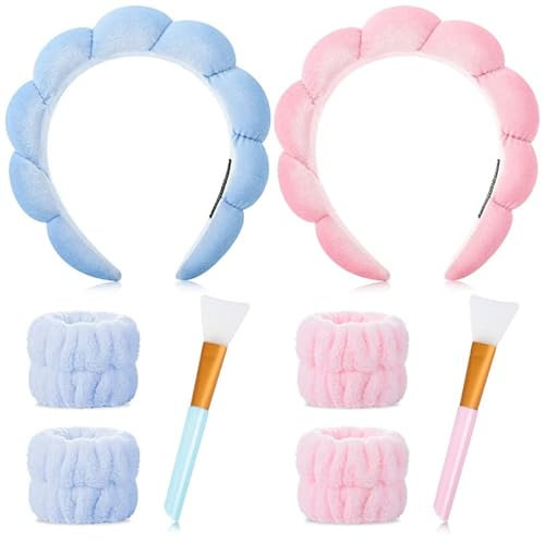 RosewineC 8 Stück Spa Haarband Kosmetik Set, Schwamm Stirnband Puff Gesichtsmasken Pinsel Handschlaufe, Damen Frottee Stoff Stirnband für Abschminken Gesicht Waschen Duschen Sport Hautpflege