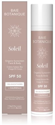 Baie Botanique Soleil – Organic Mineral Sunscreen SPF 50 for Face & Body – Non-Toxic – Sea Buckthorn & Calendula – Natural & Vegan – Chemical Filter Free – Reef Safe – Broad Spectrum UVA/UVB – 110g