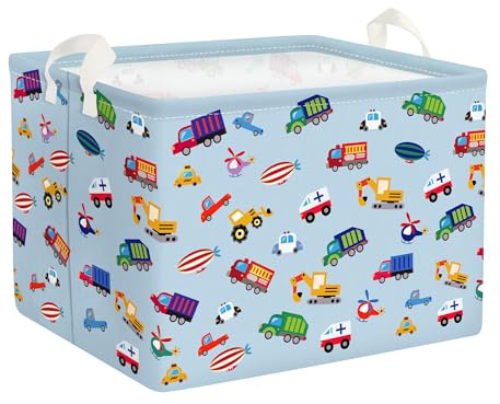 Clastyle Cestino Portaoggetti Veicolo Blu Camion Escavatore Auto Ceste per la Biancheria Giocattoli Rettangolare per Camera dei Bambini, 40x30x30 cm