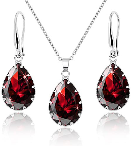 Linawe Ensemble de bijoux, ensembles de bijoux rouges pour femmes, ensemble de boucles d'oreilles suspendues en argent pour femmes, collier en chaîne, pendentif en rubis, ensemble de bijoux de mode