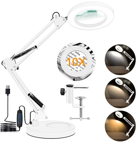 Hviww 10X Magnifying Glass with Light and Stand, Magnifier with Light Hands Free, 3 Color Modes 10 Level Dimmable, Magnifying Real Glass LED Desk Lamp for Close Work, Repair, Reading, Craft, White