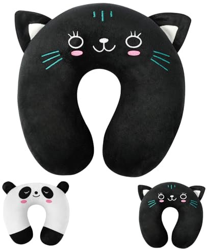 Alaoo Neck Pillow, Memory Foam Kids Travel Pillow for Children and Adults Support Heads Soft U-Shaped Head Neck Protector for Airplane Camping Car Sleeping, Black Cat Pattern