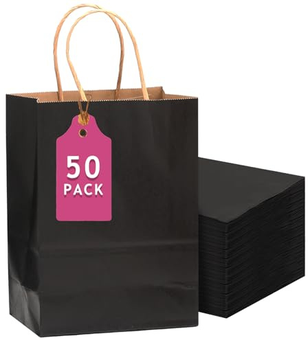 Gcardist Lot de 50 grands sacs cadeaux en papier noir avec poignées - 33 x 26 x 11,7 cm - Sacs cadeaux de fête pour de nombreuses utilisations