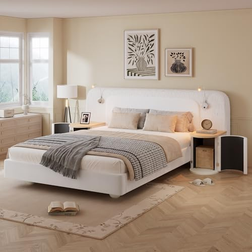 BTM Upholstered Double Bed with Bedside Tables and Bedside Reading Light, 4ft6-135x190cm Double Bed Frame, Velvet + Plywood, Beige(No Mattress)