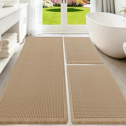 Upgraded Waffle Bath Mat Set 3 Piece Beige, Super Absorbent Non-Slip Quick Dry Bathroom Rugs with Tassels, Machine Washable Ultra Soft Boho Bath Rugs for Floor, Toilet Mats Boho Farmhouse Decor
