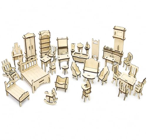 HIYAHB 34 Piece Wooden Dollhouse Furniture Kit, Miniature DIY Doll House Furniture Set, Laser Cut Wooden Puzzle Toys, Pretend Play Room Decor, Craft Model Kit for Kids, Miniature Room Accessories