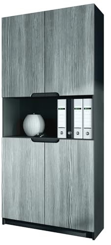 Vladon Büroschrank Logan V2, Made in Germany, Aktenschrank mit 5 Fächern und 4 Türen, Schwarz matt/Avola-Anthrazit (82 x 184 x 37 cm)