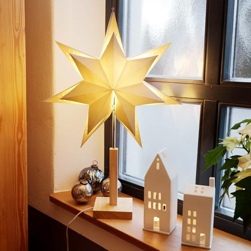 hellum Weihnachtsstern Innen, Stern Papierstern zum Stellen mit E14 Lampenfassung, weißer Stern Weihnachtsdeko Fenster mit 1,5m Netzkabel mit Schalter, Weihnachtsbeleuchtung innen, 578737