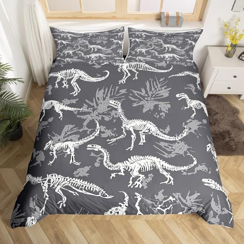 Dinosaurie påslakanset Dinos Fossil dödskalle täcke skydd för barn tonåringar pojkar ung man Jurassic Series sängkläder set barnrum dekor forntida djur skelett ben påslakan 3 st super king size
