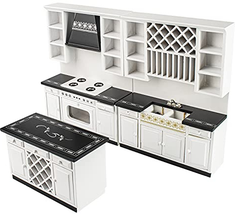 1:12 Scale Mini House Wooden Furniture Miniature Kitchen Cabinet Mini Bar Counter Furniture Set (White and Black)