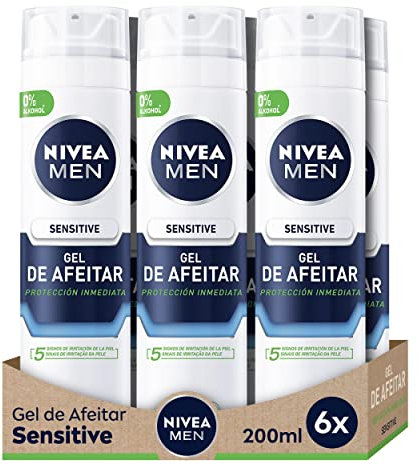 NIVEA MEN Sensitive Rasiergel (6 x 200 ml), Rasiergel für empfindliche Haut, Gesichtsgel mit Ultra Glide Technologie für eine reizfreie Rasur