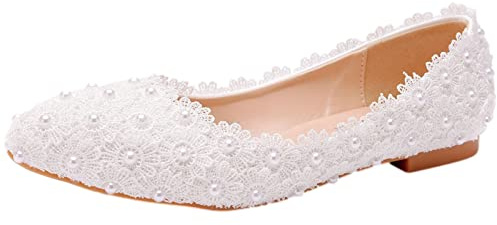 Jamron Dam elegant spetsig tå spets/pärlor/diamanter brudskor pumps mjuk sula balettskor, Vit spetspärla, 35.5 EU