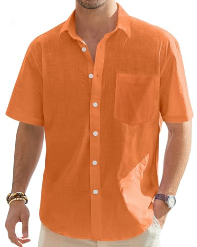 J.VER Short Sleeve Shirts Mens Linen Summer Beach Casual Regular Fit Lightweight Cotton Button Down Shirt for Men with Pocket Orange 3XL