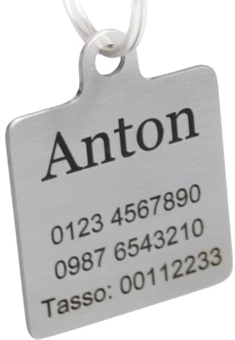 WIENS3D Hundemarke mit Gravur - Personalisiert mit Name - 30 x 38 mm - Namensschild für Hund aus Edelstahl - Dog Tag - Anhänger Marke für Hunde - Tiermarke für Hunde, Katzen & Welpen