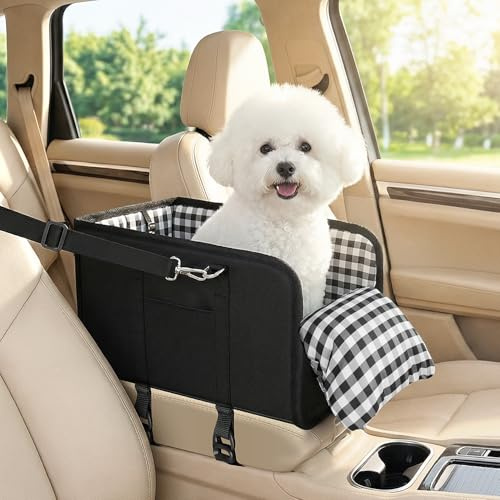 SlowTon Console Dog Car Seat, Pet Booster Seat for Car with Safety Belt and Soft Cushions, Anti-Collapse Center Console Design with Detachable Support Dog Carriers for Small Puppy (Black)