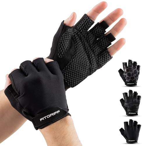 Fitgriff® Guanti Palestra Uomo e Donna (Imbottiti) - Guanti da Fitness Antiscivolo per Allenamento - Accessori Sollevamento Pesi (Size 5, Black)