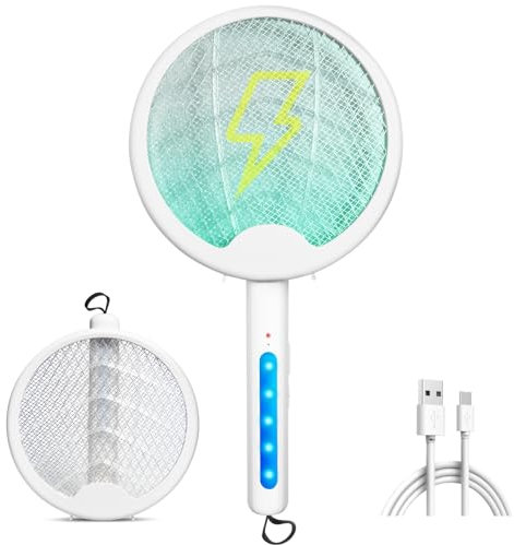 OZAVO Raquette Anti Moustique Électrique 3000V USB Rechargeable 2 en 1 Tapette Anti-Moustique LED Lampe Anti Mouche pour Intérieur et Jardin(Blanc)