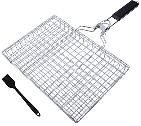 Refein Cesta para pescado, barbacoa con mango de madera extraíble, accesorio de barbacoa resistente, parrilla con cepillo para hacer manualidades (32 x 22 x 3,5 cm)