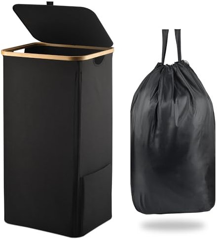 Pan Peer 100L Laundry Basket with Lid and Pocket Dirty Clothes Bin with Bamboo Handles and A Removable Laundry Bag Large Portable Laundry Hamper for Bedroom, Bathroom, Laundry Room (BLACK)