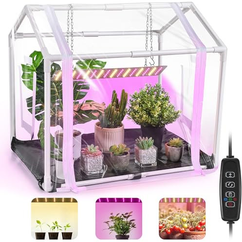 Meonum Mini Greenhouse with Grow Light, 23.6 L x 15.7 W x 19.6 H Portable Greenhouse with Waterproof Bottom Mat, Timer, 3 Light Color Mode for Indoor Outdoor Seed Starter Tray (Mini House Shape)