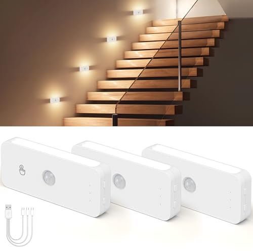 WUYOR Set med 3 nattlampor med uppladdningsbar LED-rörelsedetektor, lampa | Induktionsvägglampa, 3 färgtemperaturlägen, dimbar intensitet, barn för kök, trappa, hall