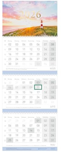 Häfft® 3-Monatskalender 2026 Wandkalender mit Schieber, Ferien DE & AT, Jahresübersicht, Bürokalender Wandplaner Leuchtturm - nachhaltig & klimafreundlich