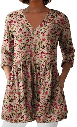 HOOUDO Womens Linen Tops with Pockets Summer Vintage Floral Printed Tunic Top V Neck 3/4 Sleeve T-Shirt Baggy Swing Tee Shirts Casual Trendy Blouse Plus Size