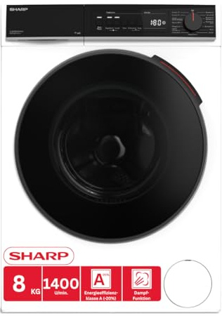 SHARP Waschmaschine ES-WNFB814CWDA-DE – 8 kg, Energieeffizienzklasse A, 1400 U/min, Inverter Motor, AquaStop, Dampffunktion, WiFi-Steuerung, Super Silent, Weiß