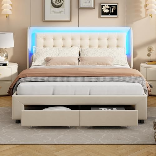 MOTUZP Letto Imbottito 180 x 200 cm, Letto matrimoniale imbottito, Struttura letto con contenitore, telaio con illuminazione a LED, senza materasso, velluto (Beige-E)