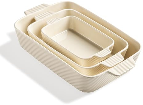 Sweejar Ceramic Baking Dish Set, Cake Baking Dish for Brownie, Porcelain Striped Casserole Dishes for Oven with Handle for Lasagna, Family Dinner(Beige)