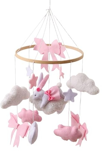 Mobile Musical Pour Lit Bébé - Mobile pour Tout-Petits avec Ruban Rose,Jouet Sensoriel Rotatif, Apaisant Bohème pour Filles et Garçons, Chambre d'Enfant, Salon