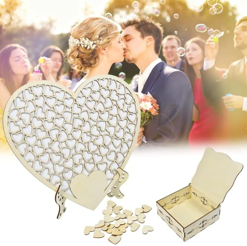 Zuxbolf Libro degli Ospiti in Legno per Matrimonio con 60 Cuori in Legno, Scatola Portaoggetti, 2 Pennarelli per Regalo Rustico Giorno di Nozze Battesimo