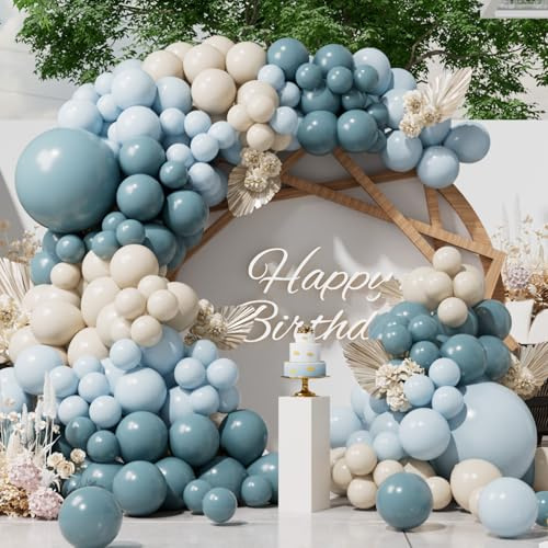 SUWEN Palloncini Blu Polveroso Ghirlanda Kit Arco 153Pezzi Diverse Misure di 18 10 5 Pollici Palloni Blu Chiaro e Sabbia Bianco per Decorazioni Compleanno Baby Shower Feste