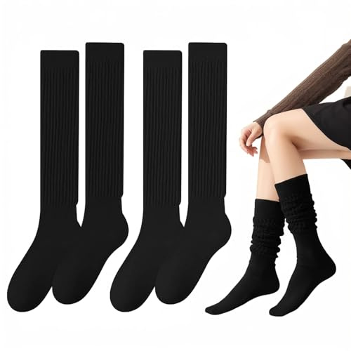 SEFIRST 2 Paires Chaussettes Hautes Montantes Femme Filles, Chaussettes Décontractées Extra Longues, Chaussette Empilées Montantes Tricotées Chaussette de Bottes, Noir