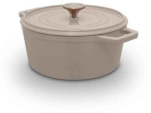 Barbary & Oak Nattura 24cm/3.6L Round Cast Iron Casserole/Dutch Oven/Cooking Pot with Durable Enamel Interior, Self-Basting Lid, Induction Compatible, Cashmere