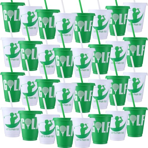 Sieral 30 Pcs Golf Cups with Straws and Lids, 16 oz Reusable Plastic Tumblers Golf Ball Party Cups Iced Coffee Travel Mug for Theme Party Favors Birthday Decorations