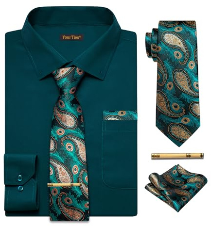 YourTies Teal Dress Shirt and Tie Set for Men Button Down Shirts Matching Tie Long Sleeve Classic Formal Casual Wedding Party