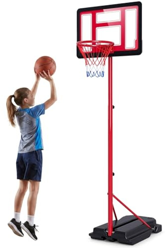 GYMAX Panier de Basket Extérieur pour Enfants 3-10 Ans, Hauteur Réglable 95-155cm, Base Remplissable de 16L Eau ou Sable, Cadre en Métal, Jeu Basket Intérieur et Extérieur