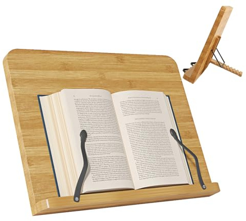 Buchständer Holz, Buchhalter Leseständer mit 8 Verstellbaren Positionen, 34x24cm Winkelverstellung von 30–80°, Book Stand mit Elastischen Seitenklammern, Bücherständer für Studieren, Arbeiten, Lesen