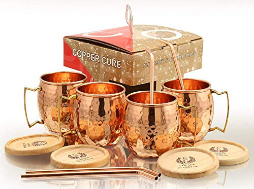 Copper Cure Solid Copper Mugs - Set of 4 (Gift Set) 16 Oz - Copper Hammered Mugs - 100% Handicrafted - Mugs - Copper Mugs - Copper Cups With BONUS Copper Straws & Coasters by